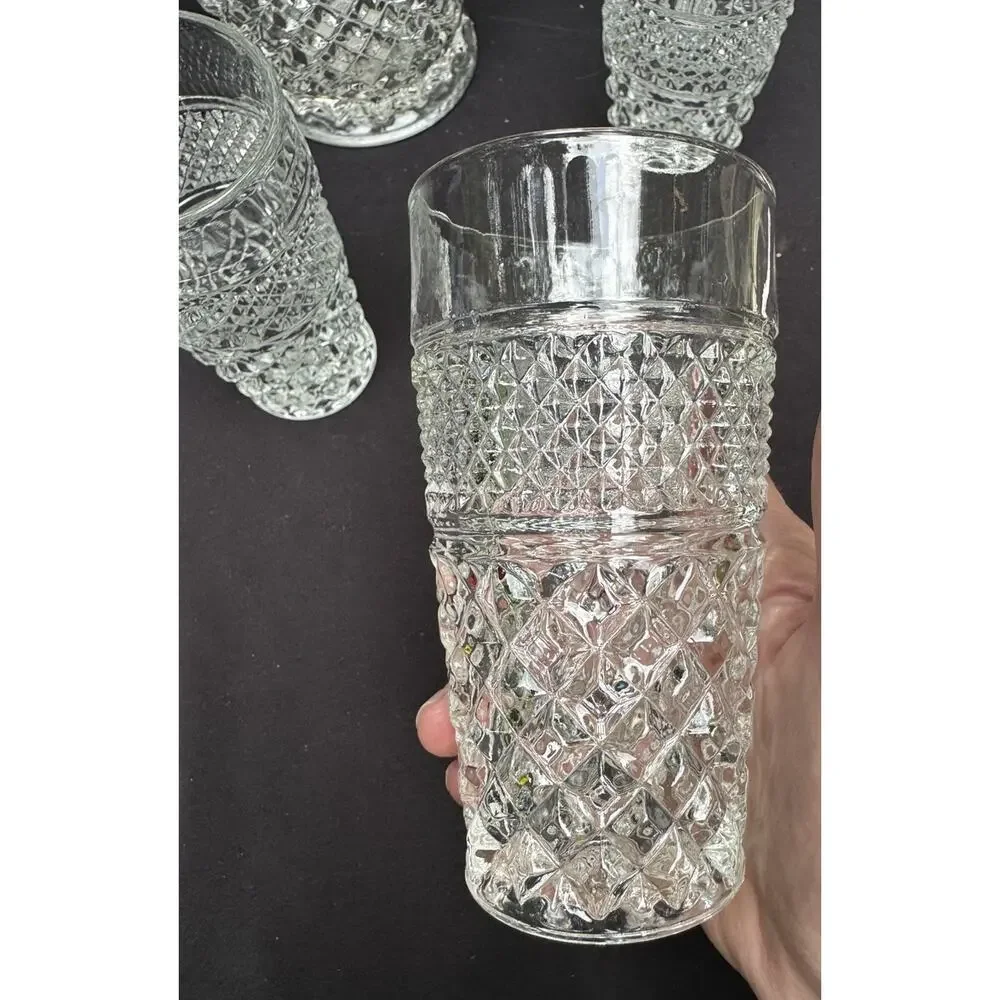 Anchor Hocking Wexford Diamond Cut Glass Vintage Pitcher & 6 Glasses EUC -8/28
